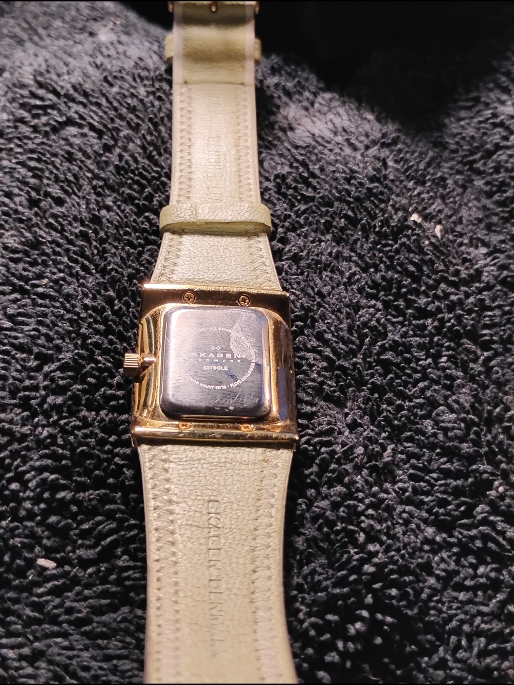 Skagen Gold-Tone Crystal Square Watch with Cream Leather Strap - Picture 8 of 9
